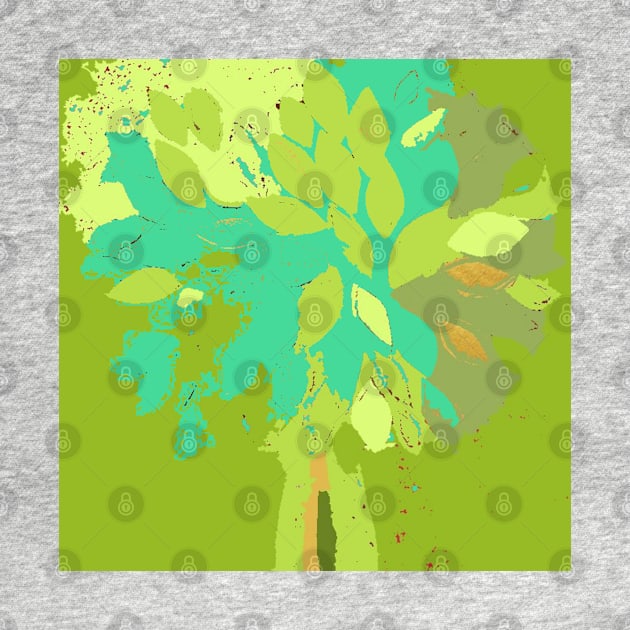 Tree, summer leaf green teal blue yellow gold fiber art textile mixed media digital by djrunnels